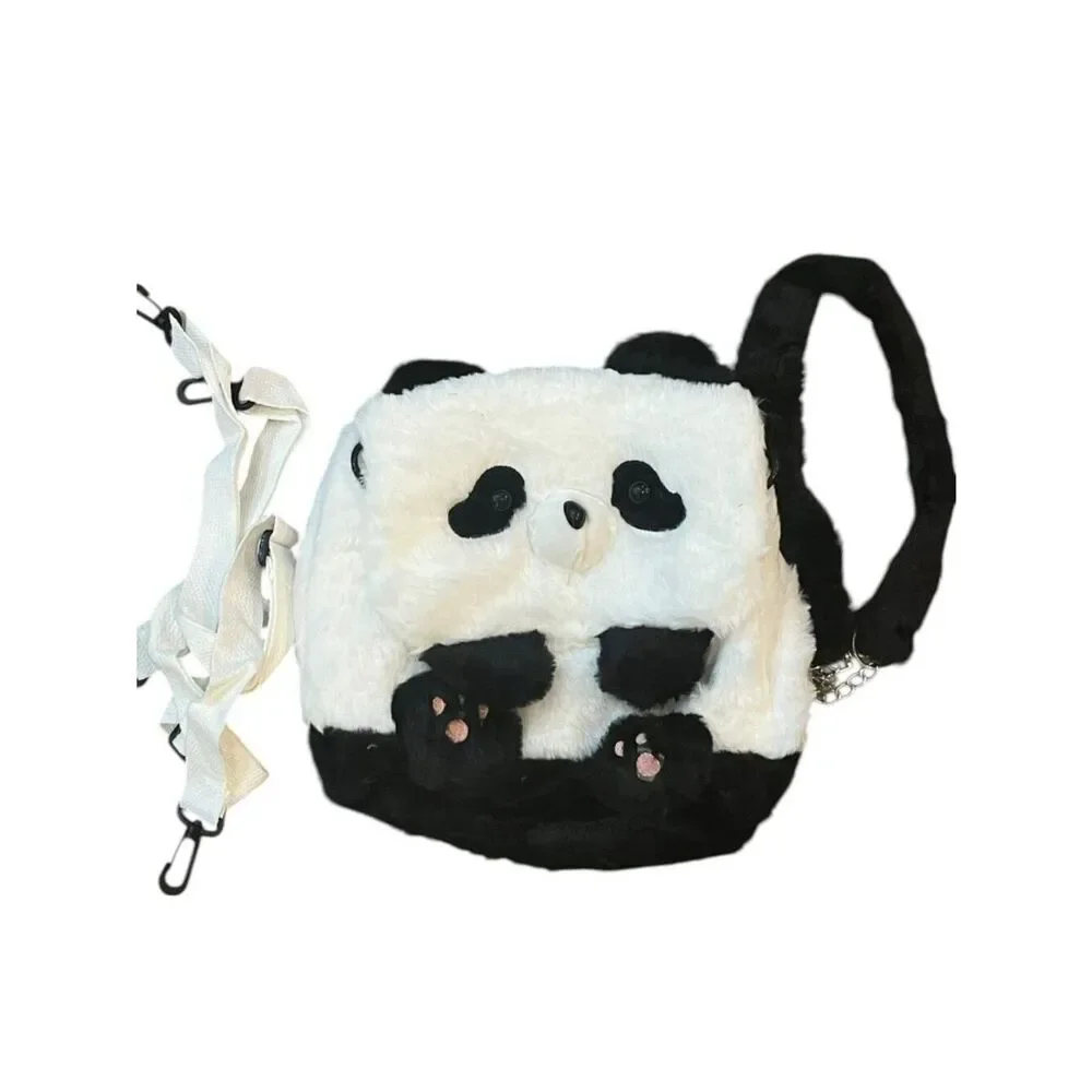 Plush Panda Bear Backpack Black White Convertible Shoulder Bag Faux Fur New